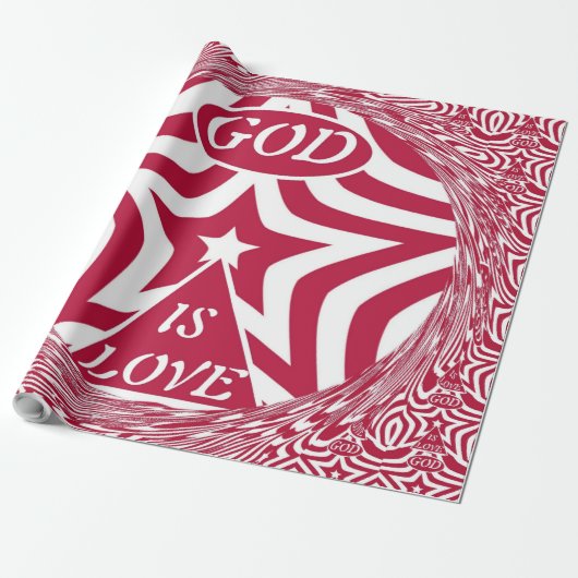 Red & White God Is Love Star Pattern Christmas  Cadeaupapier (Uitgerold)