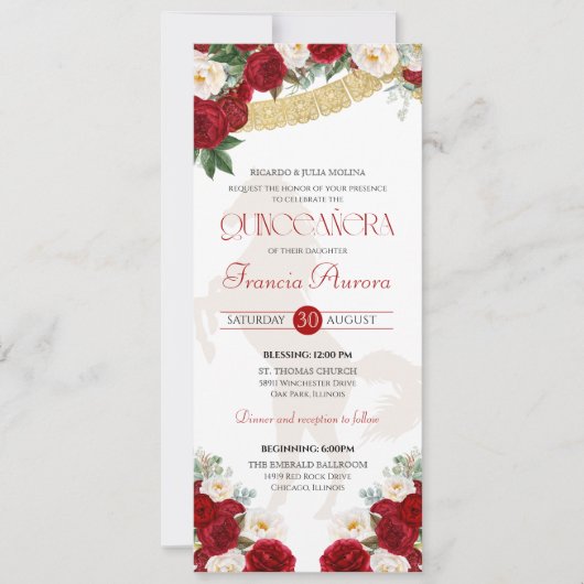 Red White Gold Blooms Papel Picado Charro Quince I Kaart (Voorkant)
