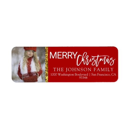 Red White Gold Christmas Voeg foto retouradres toe Etiket (Voorkant)