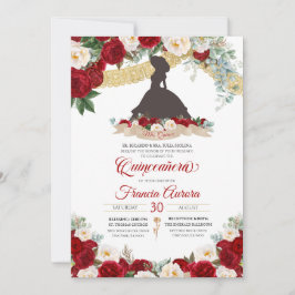 Red White Gold Elegant Floral Charro Quinceanera I Kaart