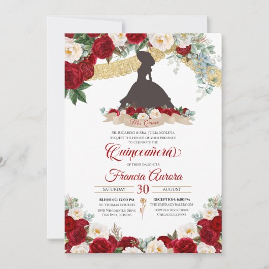 Red White Gold Elegant Floral Charro Quinceanera I Kaart (Voorkant)