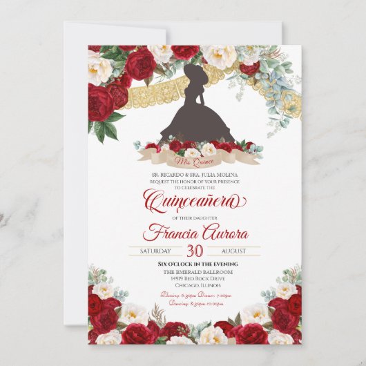 Red White Gold Elegant Floral Charro Quinceanera Kaart (Voorkant)
