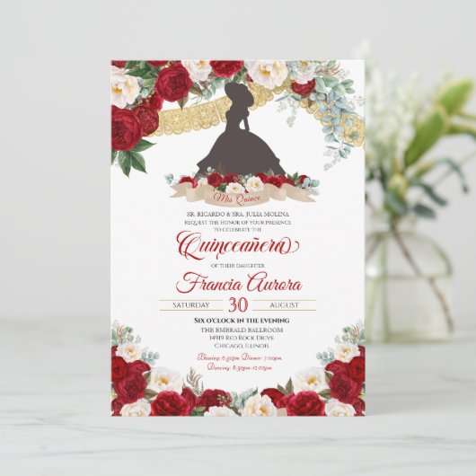 Red White Gold Elegant Floral Charro Quinceanera Kaart (Staand voorkant)