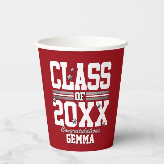 Red|White Graduing Class Year Paper Cups Papieren Bekers (Voorkant)