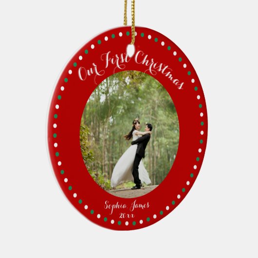Red White Green First huwelijkskerstversiering Keramisch Ornament (Rechts)
