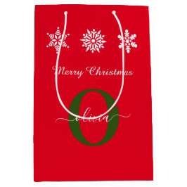 Red White Green Monogram script Merry Kerstry Medium Cadeauzakje