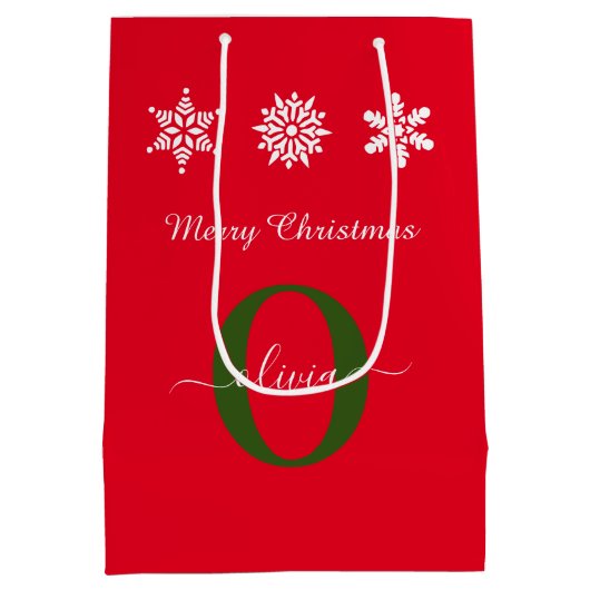 Red White Green Monogram script Merry Kerstry Medium Cadeauzakje (Achterkant)