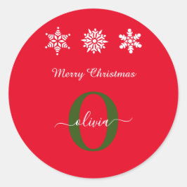 Red White Green Monogram script Merry Kerstry Ronde Sticker