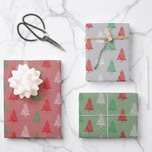 Red White Green Small Kerstbomen Forest Wrapp Inpakpapier Vel (Voorkant)