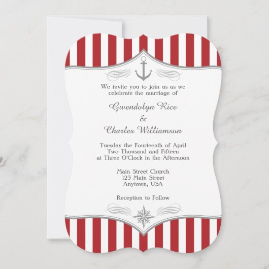 Red White Grey Nautical Wedding Invitation Kaart (Voorkant)