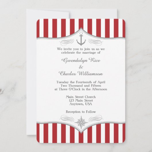 Red White Grey Nautical Wedding Invitation Kaart (Voorkant)