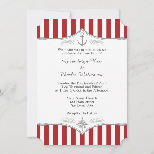 Red White Grey Nautical Wedding Invitation Kaart (Voorkant)