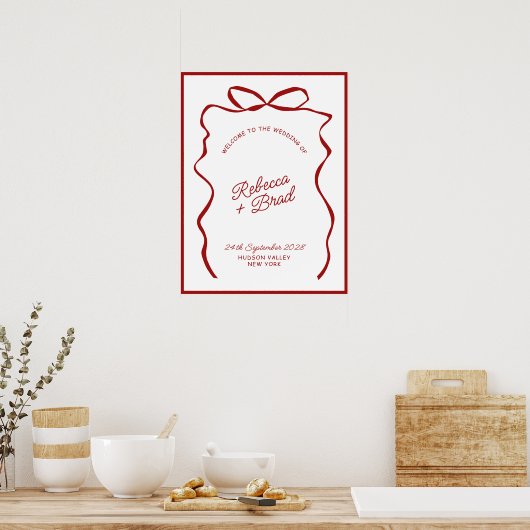 Red & White Hand Drawn Bow Wedding Welcome Sign Poster (Keuken)