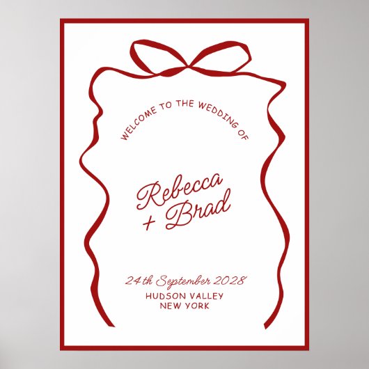 Red & White Hand Drawn Bow Wedding Welcome Sign Poster (Voorkant)