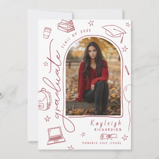 Red White Hand Drawn Foto Afstuderen Aankondiging (Voorkant)
