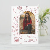 Red White Hand Drawn Foto Afstuderen Aankondiging (Staand voorkant)