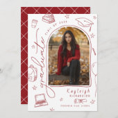 Red White Hand Drawn Foto Afstuderen Aankondiging (Voorkant / Achterkant)