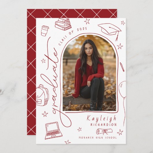 Red White Hand Drawn Foto Afstuderen Aankondiging (Voorkant / Achterkant)