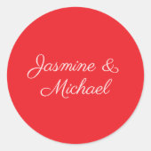 Red & White Handwriting Couple Names Wedding Ronde Sticker (Voorkant)