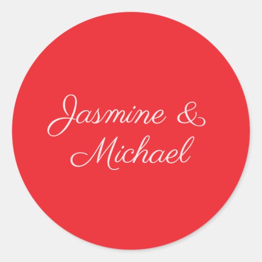 Red & White Handwriting Couple Names Wedding Ronde Sticker (Voorkant)