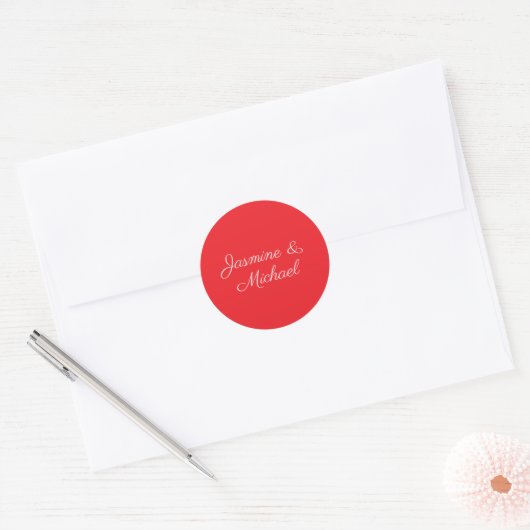 Red & White Handwriting Couple Names Wedding Ronde Sticker (Envelop)