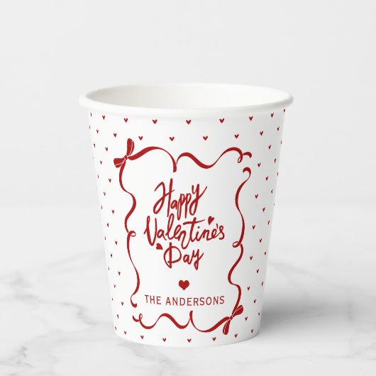 Red White Hearts Hand Drawn Bow Valentine's Day Papieren Bekers (Voorkant)