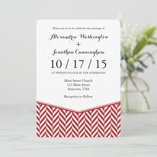 Red White Herringbone Wedding Invitation Kaart (Staand voorkant)