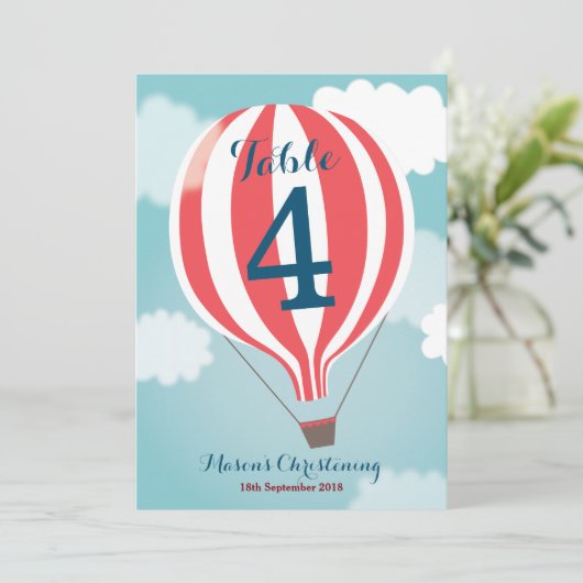 Red White Hot Air Ballon Table Number Card Kaart (Staand voorkant)