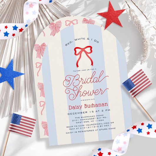 Red White & I Do Bow Blue Stripes Bridal Shower Kaart