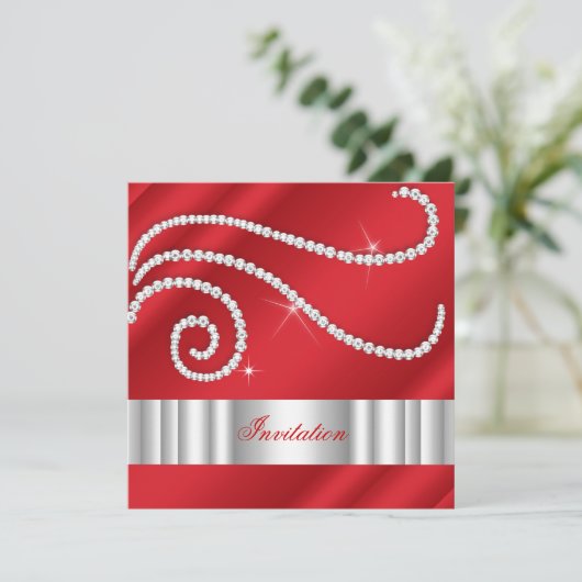 Red White Jewel Diamonds Silver Birthday Kaart (Staand voorkant)