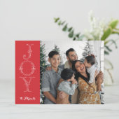 Red & White Joy Kalligrafie Foto Kerst Kaart (Staand voorkant)