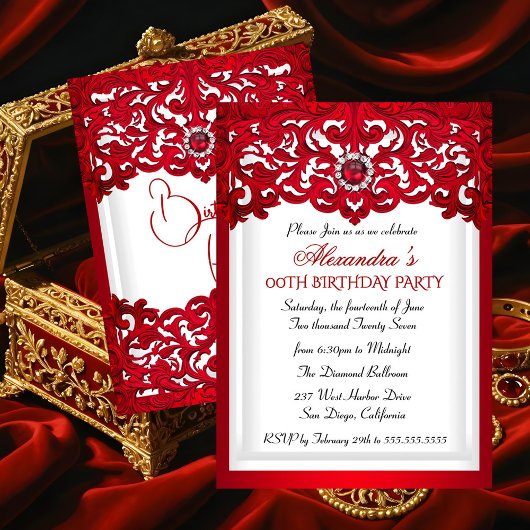 Red White Lace Damask Pearl Birthday Party Kaart