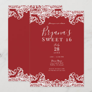 Red & White Lace Masquerade Sweet 16 Party Kaart