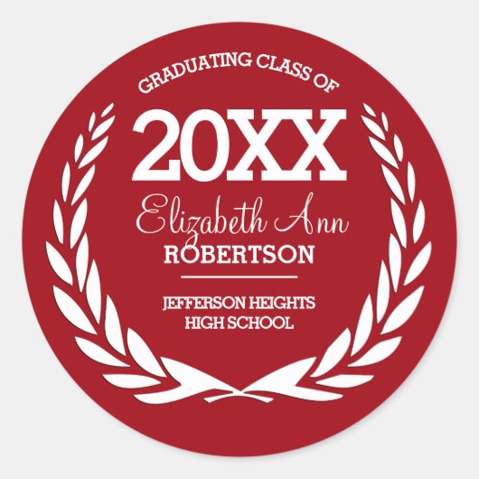 Red|White Laurel Wreath Afstuderen Ronde Sticker (Voorkant)