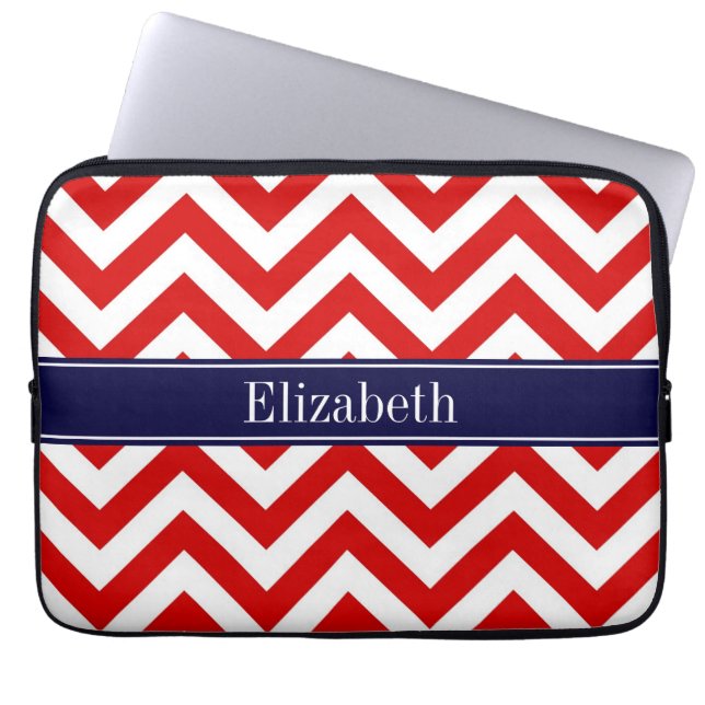 Red White LG Chevron Navy Blue Name Monogram Laptop Sleeve (Voorkant)