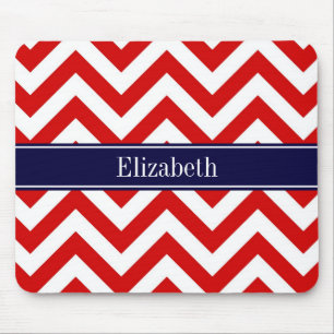 Red White LG Chevron Navy Blue Name Monogram Muismat
