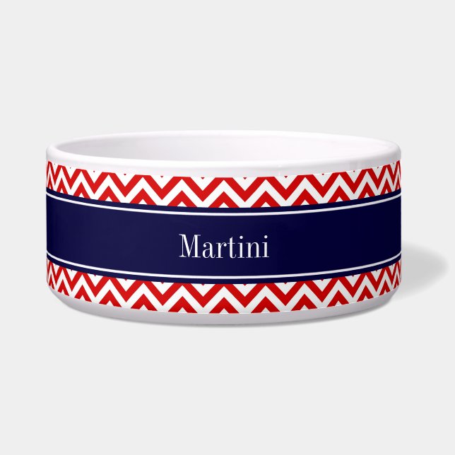 Red White LG Chevron Navy Blue Name Monogram Voerbakje (Voorkant)