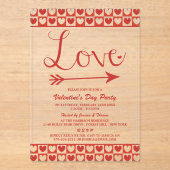 Red & White Love Hearts Valentijnsdag Party Acryl Uitnodigingen (Voorkant)