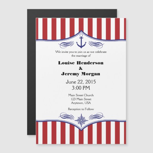 Red White Magnetic Nautical Wedding Invites Magnetische Uitnodiging (Voorkant / Achterkant)