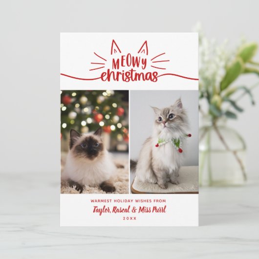 Red White Meowy Kerstmis 2 Cat Foto's Kerstmis Feestdagenkaart (Staand voorkant)