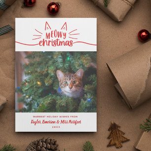 Red White Meowy Kerstmis - Kat kerstfoto Feestdagenkaart
