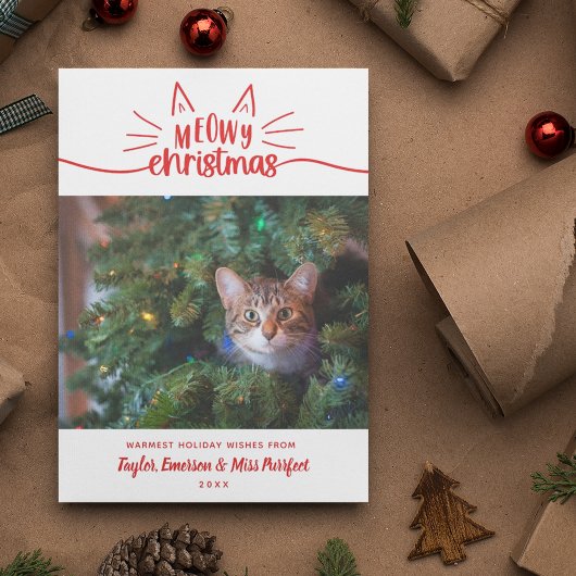 Red White Meowy Kerstmis - Kat kerstfoto Feestdagenkaart