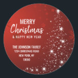 RED White MERRY CHRISTMAS Tree Return-adres Ronde Sticker<br><div class="desc">Voeg deze moderne en gepersonaliseerde RED witte kerstvakantie toe en gelukkige nieuwe jaar RETURN ADDRESS stickers aan uw wenskaarten,  enveloppen.  Kerstboom in rode witte twinkelende lichten. bewerkbare tekst - kleur,  lettertype en grootte.</div>