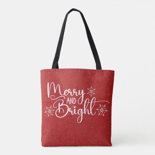 Red & White Merry en Bright Glitter Snow Holiday Tote Bag (Achterkant)