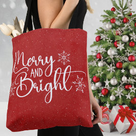 Red & White Merry en Bright Glitter Snow Holiday Tote Bag