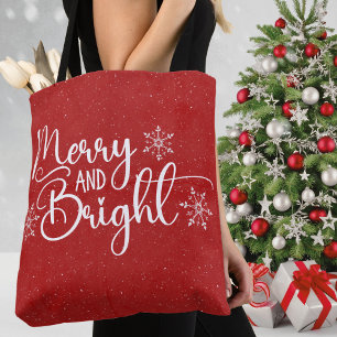 Red & White Merry en Bright Glitter Snow Holiday Tote Bag