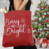 Red & White Merry en Bright Glitter Snow Holiday Tote Bag