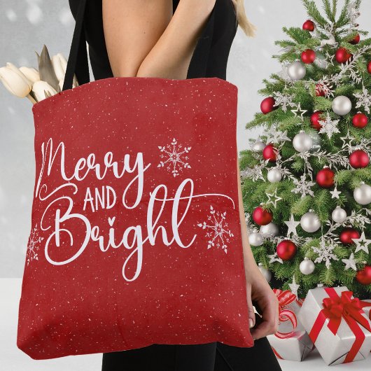 Red & White Merry en Bright Glitter Snow Holiday Tote Bag