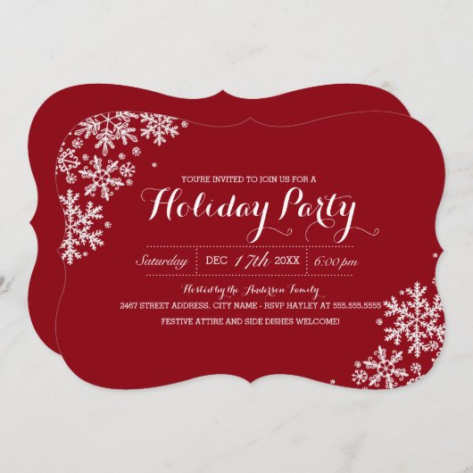 Red & White Modern Snowflake Holiday Party Invite Kaart (Voorkant / Achterkant)