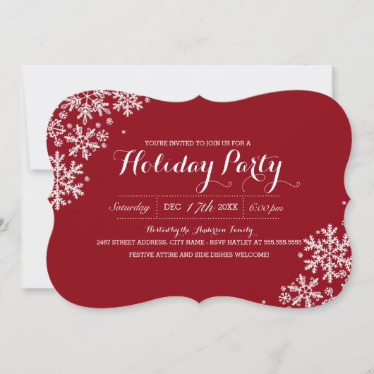 Red & White Modern Snowflake Holiday Party Invite Kaart (Voorkant)